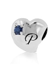 Sterling Silver Alphabet P Pandora Style Charm with 2 Pieces 3mm Dark Blue Natural Sapphire Gemstones on Both Sides , Fits Pandora and All Brands Charm Bracelets and Necklaces.