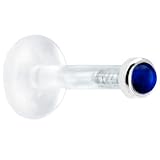 14 Gauge 3/8 Inches Solid 14KT White Gold 2mm Genuine Blue Sapphire Bioplast Push in Labret