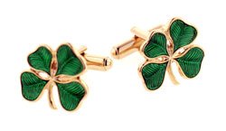 Patriotic yellow gold plated and enamel Irish shamrock cufflinks with presentation box. Made in the U.S.A