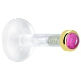 14 Gauge 5/16 Inches Solid 14KT Yellow Gold 2mm Genuine Pink Tourmaline Bioplast Push in Labret