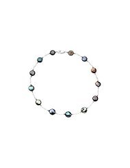 Sterling Silver and Freshwater Cultured Black Coin Pearl Station Necklace - 18 Inch/ 12-13 MM