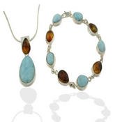 Tear Drop Amber Larimar Bracelet & Pendant Set
