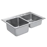MOEN 22219 Camelot 33-Inch-by-22-Inch 4-Hole Double Bowl Kitchen Sink, Satin