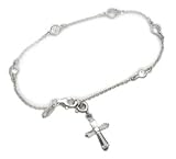 6 Sterling Silver Bracelet with Crystal Cubic Zirconia Stones and Cross Charm w/ Lobster Claw