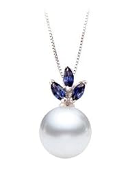 PremiumPearl 7-9mm AAA Japanese White Akoya Pearl Pendant 14k Gold & Sapphires