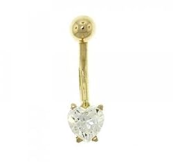 Heart Cut Gem Barbell Belly Ring in Solid Yellow Gold