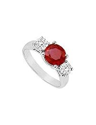 Three Stone Ruby and Diamond Ring : 14K White Gold - 1.75 CT TGW