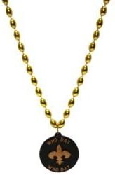 Mardi Gras Beads - Throw, 2 Dozen Bag, 24pc, NFL New Orleans Saints Necklace, Black & Gold, 36in Gold Football Shaped Beads w/ 3in Fleur-De-Lis Medallion w/ WHO DAT Letters A 36 inch necklace with gold foot ball shaped beads and a 3 inch black and gold medallion with a fleur-de-lis and WHO DAT letters.