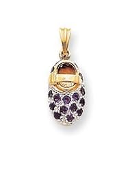 14k Yellow Gold & Rhodium Prong-set February Birthstone Amethyst Baby Shoe Charm Pendant in Gift Box