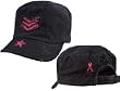1149 WOMENS VINTAGE BLACK ADJUSTABLE FATIGUE CAP w/PINK STRIPES & ''BREAST CANCER'' RIBBON
