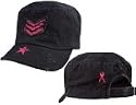 1149 WOMENS VINTAGE BLACK ADJUSTABLE FATIGUE CAP w/PINK STRIPES & ''BREAST CANCER'' RIBBON