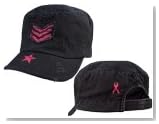 1149 WOMENS VINTAGE BLACK ADJUSTABLE FATIGUE CAP w/PINK STRIPES & ''BREAST CANCER'' RIBBON