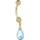 Solid 14KT Yellow Gold AQUA Swarovski® Crystal Drop Belly Ring