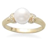 7.5-8mm Cultured Freshwater Pearl and Diamond 14K Yellow Gold Ring with Wood Box