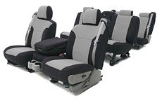 Coverking Neosupreme Custom Fit Seat Covers - NEOSUPREME GRAY / BLACK SIDES, Front Row Seats 1987 - 1997 Nissan Pickup 50/50 Bucket, with removable see-through headrest