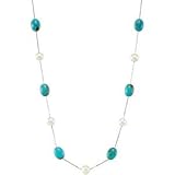 Genuine IceCarats Designer Jewelry Gift Sterling Silver Freshwater Cultured Pearl & Genuine Turquoise Necklace. 07.50-08.00Mm/12X9mm/42 Inches Freshwater Cultured Pearl & Genuine Turquoise Necklace In Sterling Silver