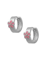 Children 14K White Gold Huggie Hoop Earrings With Pink Enamel Flower