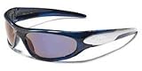 Sunglasses - Mens Blue & Silver Wrap Around Sunglasses with Polycarbonate Shatterproof Lenses - Mens Sports Spider Sunglasses + Free Protective Drawstring Pouch & Sports Cord
