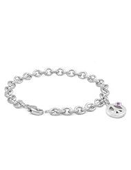 Girls Silver Pink Sapphire Flower Peace Sign Charm Bracelet (6 3/4 inches)