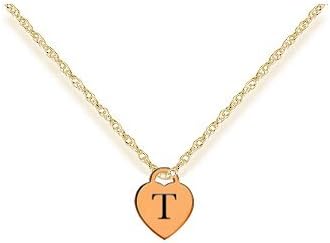 Letter T Gold Heart Charm w/ 16" Gold Chain Necklace - PREMIUM Laser Engraved Pendant