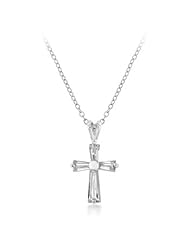 Alexander James White Gold Rhodium Bonded Cross Pendant with Clear Cubic Zirconia in Silvertone Chain Included