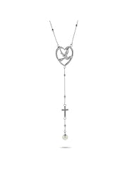 Sterling Silver Rosary Necklace with Dove and Pearl