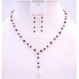 BRD667 Dark Siam Red Crystals Drop Down Necklace w/ White Swarovski Pearls Genuine Swarovski Pearls  Crystals Bridal Jewelry Set With Gift Box