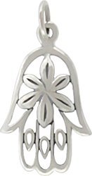 Decorative Hamsa Hand with Flower Design in Sterling Silver, #7624