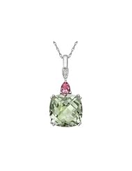 14K White Gold, Accent Diamond, Green Amethyst and Pink Topaz, Pendant, (.01 cttw, GH Color, I2-I3 Clarity), 17"