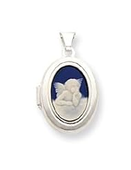 Sterling Silver Angel Cameo 21mm 2-Frame Oval Locket