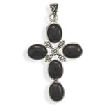 Sterling Silver Black Onyx and Marcasite Cross Pendant