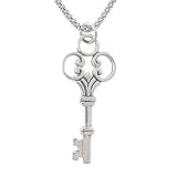 Antique Style Victorian Key Pendant with Scrolls in Sterling Silver on a 20 Rhodium and Sterling 1.8mm Popcorn Chain #8010