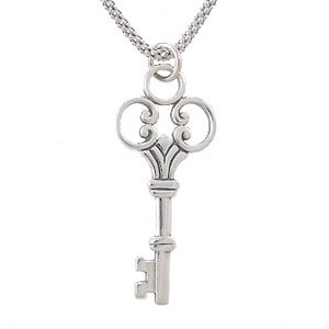 Antique Style Victorian Key Pendant with Scrolls in Sterling Silver on a 20" Rhodium and Sterling Silver 1.8mm Popcorn Chain, #8010