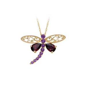 Amethyst and Garnet Dragonfly Pendant in 10K Yellow Gold