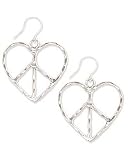 Silver Metal Hammered Peace Sign Heart Earrings