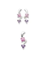 Genuine IceCarats Designer Jewelry Gift Sterling Silver Pink & Purple Cz Flower Earrings And Pendant Set