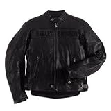 Harley Davidson Men's Aeration Leather Jacket for warm weather riding. Perforated leather throughout lower front body, under arms and back side panels for superior ventilation. Custom Harley-Davidson embroidered leather applique graphics on both sleeves, 98106-04VM
