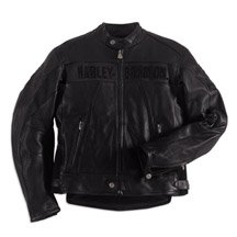 Harley Davidson Mens Aeration Leather Jacket for warm weather riding. Perforated leather throughout lower front body, under arms and back side panels for superior ventilation. Mandarin collar. Two front zippered hand-warmer pockets and two inside pockets. Pre-formed and zippered sleeves with snap down cuff strap that secures zipper pull in place. Action back with power stretch down sides. Custom Harley-Davidson® embroidered leather appliqué graphics on both sleeves, 98106-04VM