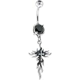 Jet Black Cubic Zirconia FLAMING CROSS Dangle Belly Ring