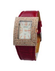 Fashion Ladys Wristwatch with Rhinestones Decorated Quadrate Dial/PU Leather Band - Red Band & White Dial - JUST...