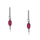 Solid 14KT White Gold Bar Earrings Ruby & Diamond New