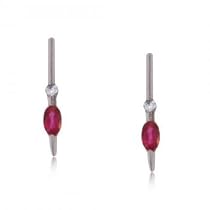 Solid 14KT White Gold Bar Earrings Ruby & Diamond New