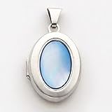 Sterling Silver Blue MOP (Mother of Pearl) 17mm 2-frame Oval Locket with 20 inch Sterling Silver Chain