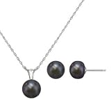.925 Sterling Silver Black Freshwater Pearl Pendant and Earring Set in Gift Box QSET-10207K-AM