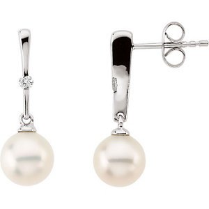 Genuine IceCarats Designer Jewelry Gift 14K White Gold Freshwater Cultured Pearl And Diamond Earring. Pair Freshwater Cultured Pearl And Diamond Earrings In 14K White Gold