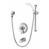 Symmons Deluxe Temptrol pressure balancing mixing valve with white insert handle, combination integral diverter/volume control, wall hand shower with flexible hose, and tub spout DS-96-400-B30-V-LPO