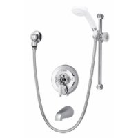 Symmons Deluxe Temptrol pressure balancing mixing valve with white insert handle, combination integral diverter/volume control, wall hand shower with flexible hose, and tub spout DS-96-400-B30-V-LPO