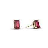 14K Yellow Gold Genuine Emerald-cut Pink Tourmaline Stud Earrings