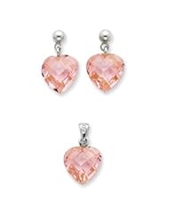Sterling Silver Pink CZ Heart Earring & Pendant Set