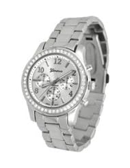Geneva Chronograph Look with Crystals..SilverTone Metal Link